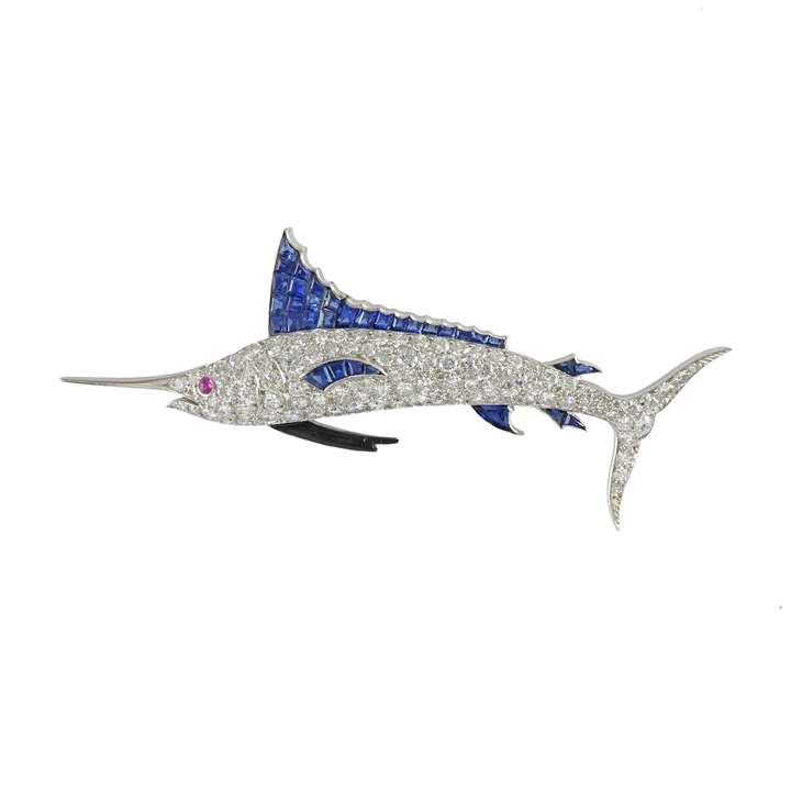 Art Deco diamond and sapphire brooch in the form of a marlin fish by Warren Perry, New York, formerly Du Pont family,